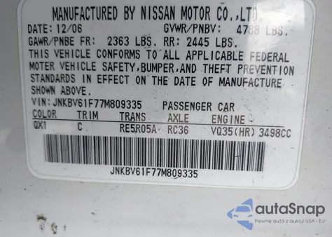 2007 Infiniti G35X z USA, uszkodzony, nr VIN JNKBV61F77M809335